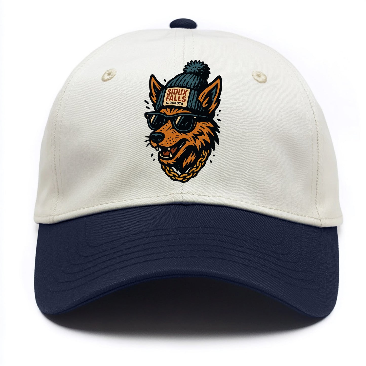 South Dakota Coyote wearing Sioux Falls beanie with pom pom and wayfarer sunglasses - Two Tone Cap - Navy