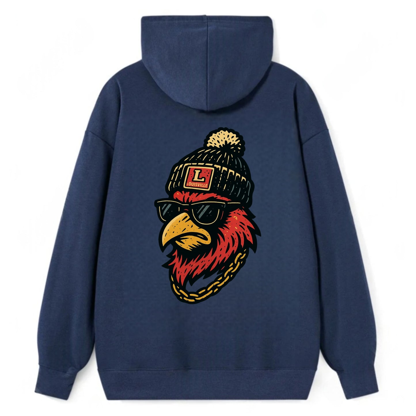 Louisville Cardinal wearing Louisville beanie with L patch - Classic Pullover Hoodie - Navy