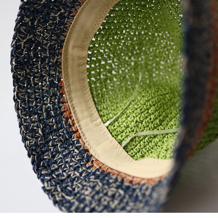 Pandaize カラーブロック 麦わら帽子 夏用 通気性 サンハット UVカット 折りたたみ式 バケットハット 男女兼用