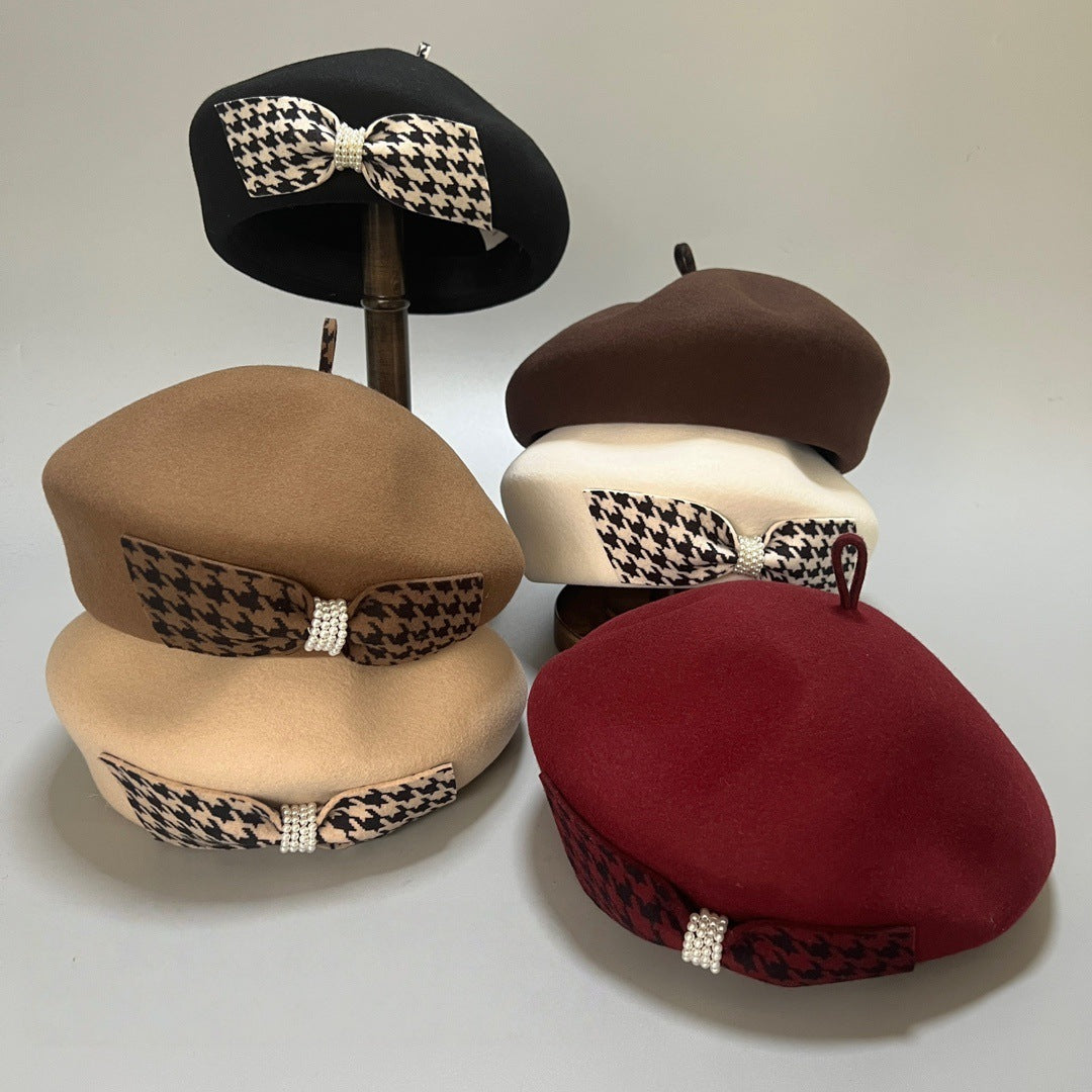 Autumn & Winter Rhinestone Decor Wool Beret - Elegant French Style Painter Cap for Women with Trendy Plaid Bow, Lightweight and Inelastic, Perfect for New Year Celebration