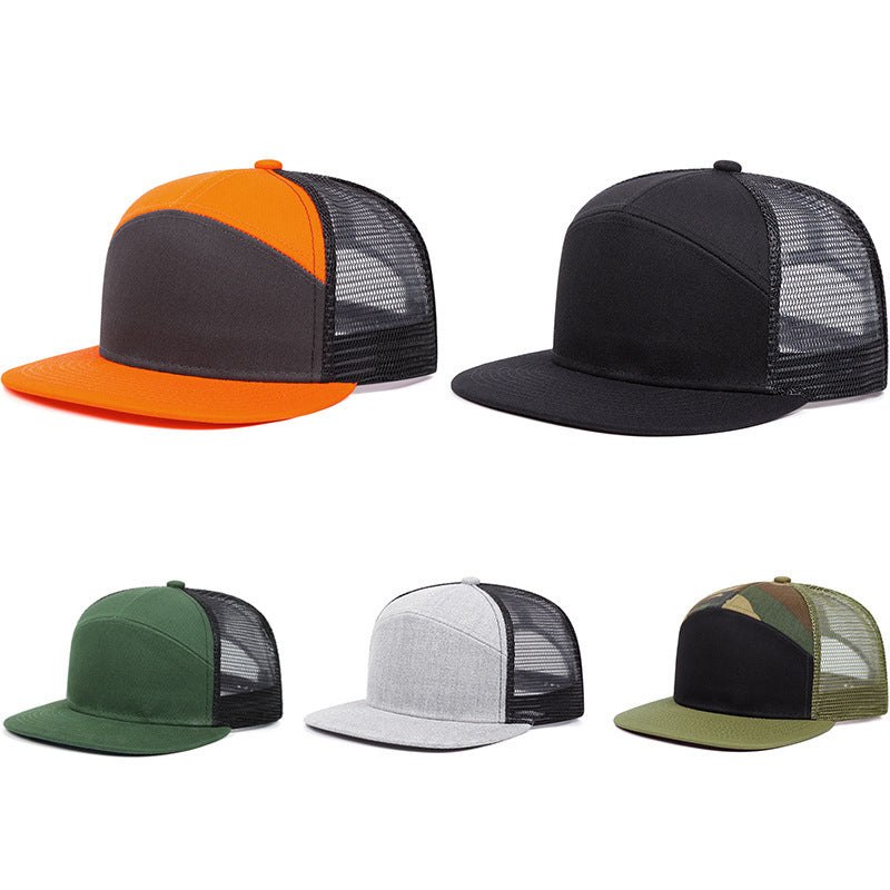 7-Panel Flat Brim Trucker Hat – Breathable Mesh Back, Lightweight Cotton Blend, Unisex Summer Outdoor Sun Protection Cap