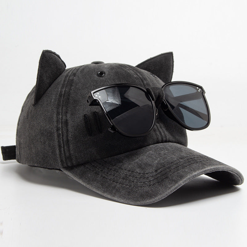 Vintage Cat Ear Baseball Cap - Washed Distressed Cotton Hat with Sunglasses Holder