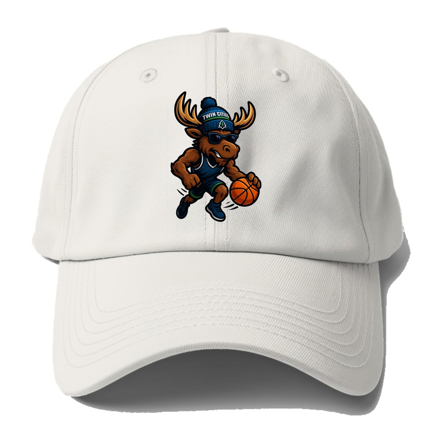 Twin Cities Moose wearing Timberwolves beanie with pine tree patch and wayfarer - Baseball Cap - Off White