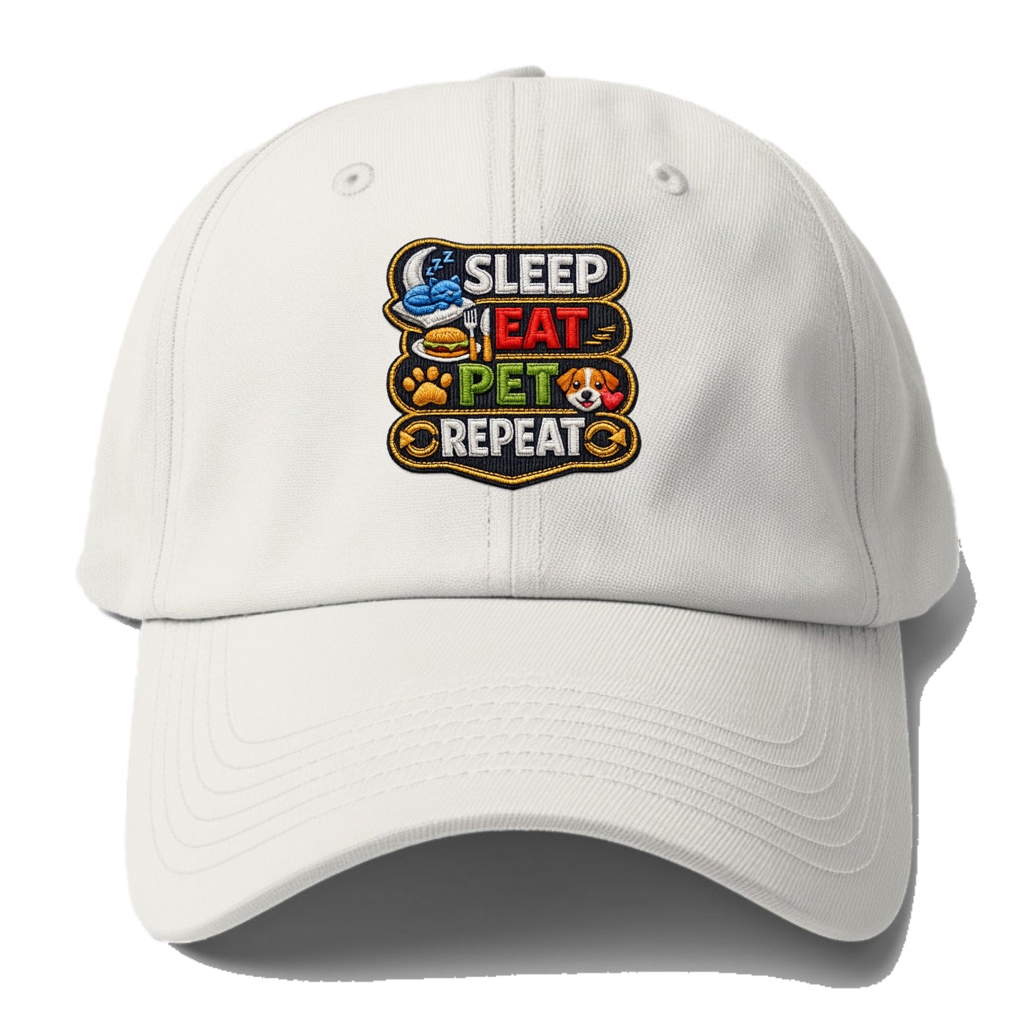 SLEEP EAT PET REPEAT - daily routine icons in multicolor , pet life - Baseball Cap - Off White