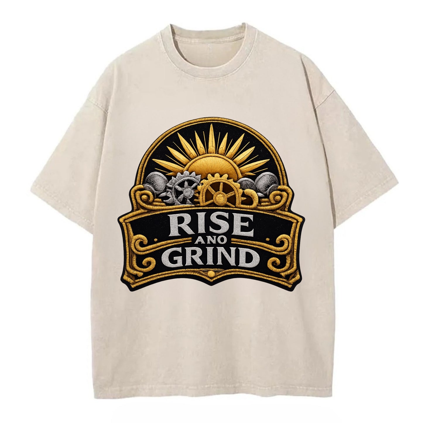 RISE AND GRIND - sun with gears in gold , morning motivation - Vintage T-shirt - Off White