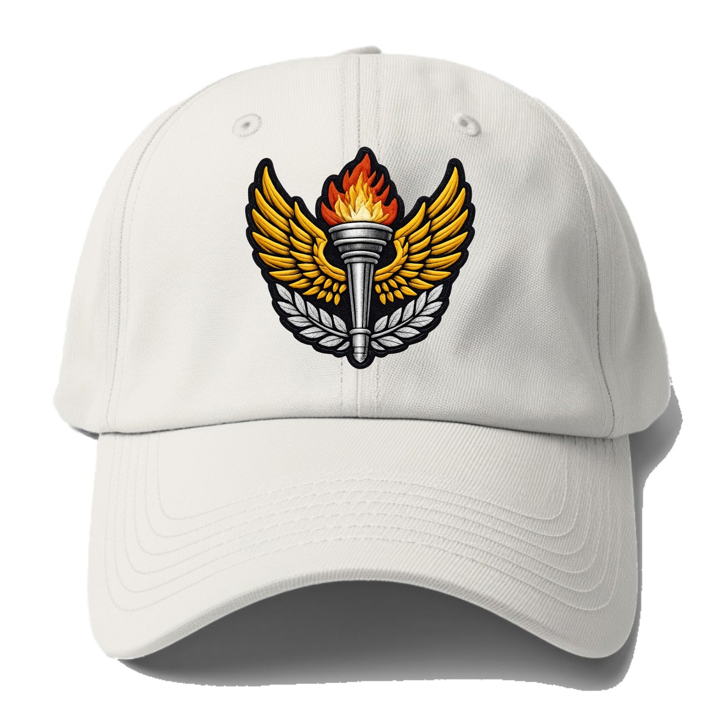 Embroidered patch design - TRACK AND FIELD TORCH - Olympic style torch with wings in - Baseball Cap - Off White