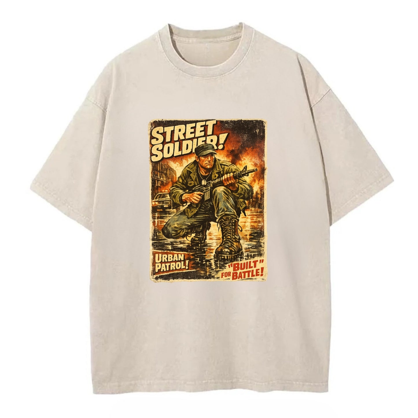 COMBAT READY | Military boots on wet pavement | Street soldier | Urban patrol | - Vintage T-shirt - Off White