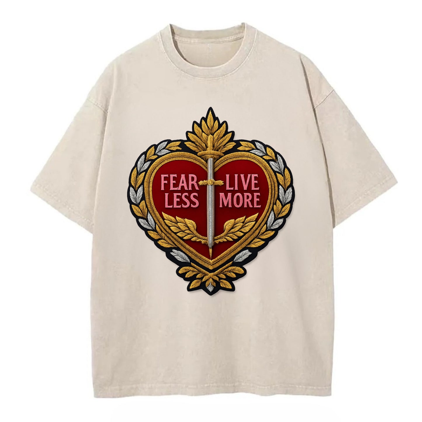 FEAR LESS LIVE MORE - heart with text in red , courage - Vintage T-shirt - Off White