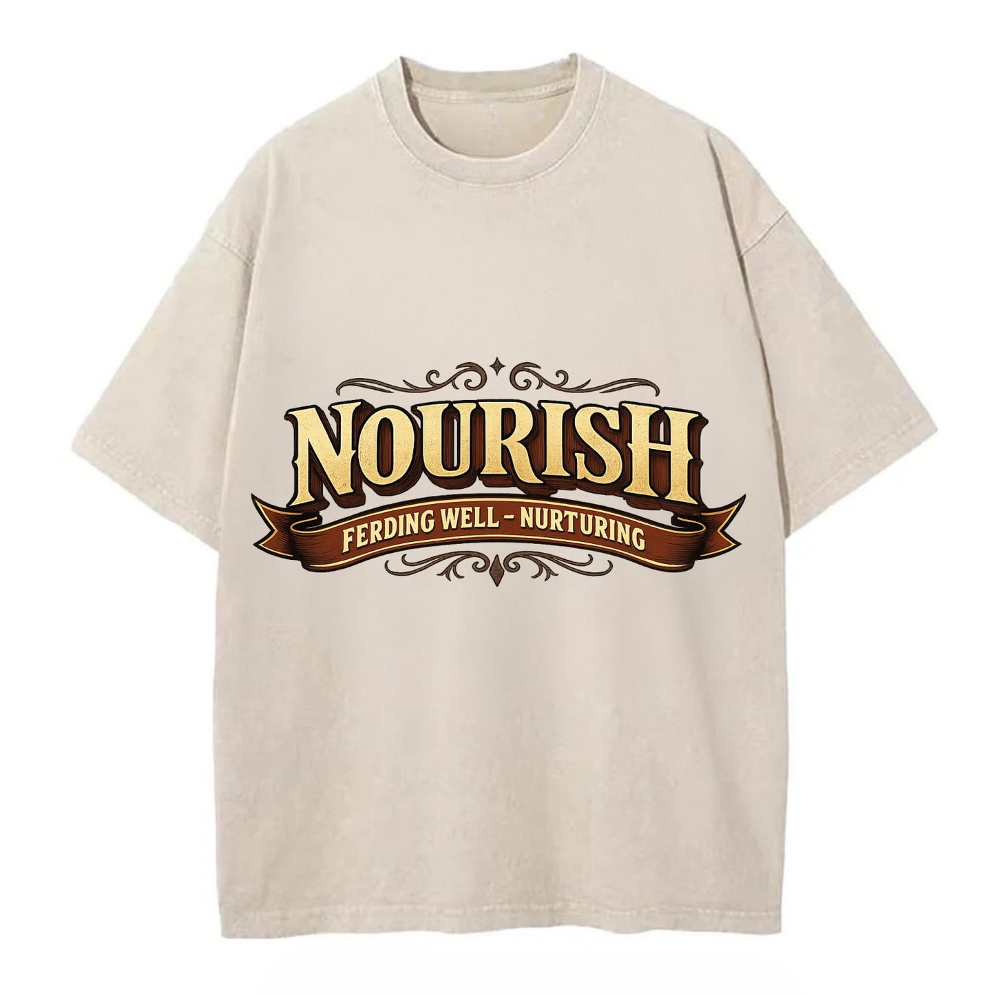 Bold typography design - "NOURISH" - feeding well, nurturing - Vintage T-shirt - Off White