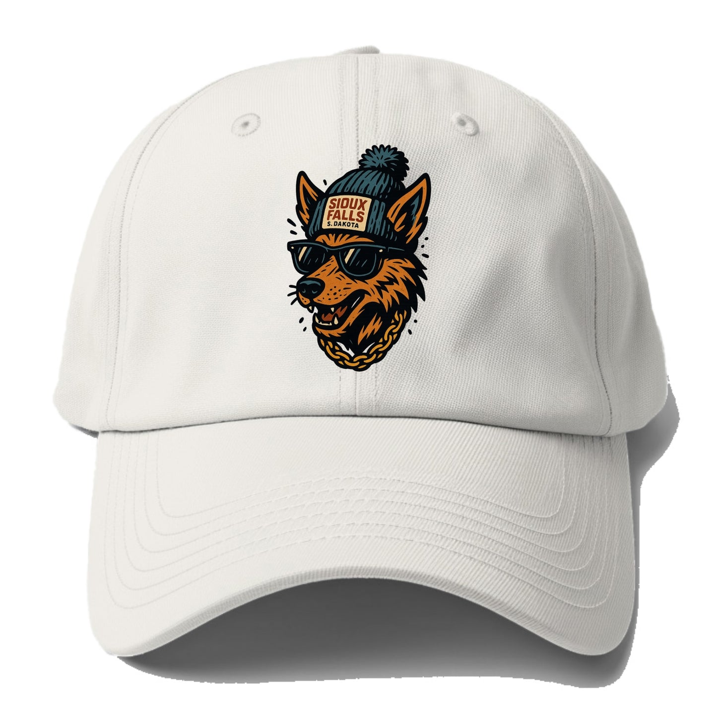 South Dakota Coyote wearing Sioux Falls beanie with pom pom and - Baseball Cap For Big Heads - Off White