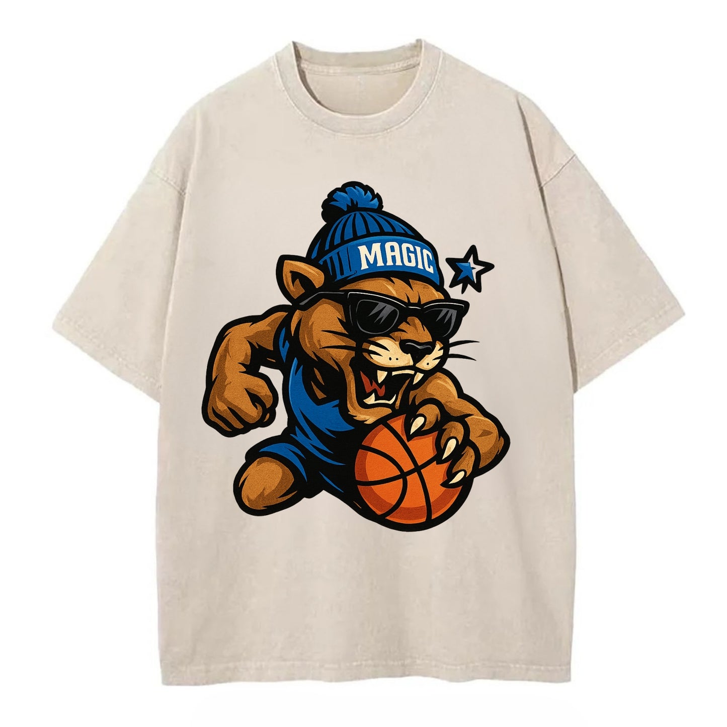 Florida Panther wearing Magic beanie with star wand patch and wayfarer sunglasses - Vintage T-shirt - Off White