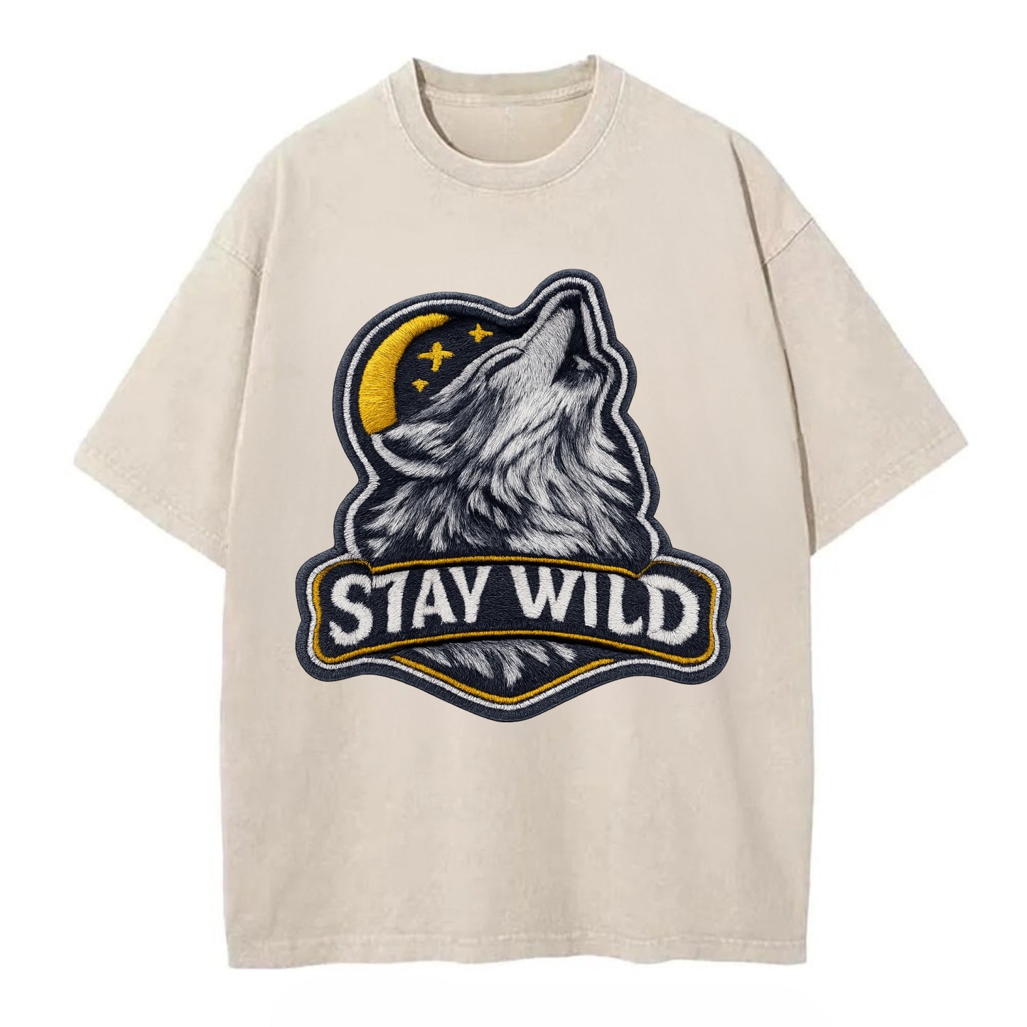 STAY WILD - wolf with text in gray , free spirit - Vintage T-shirt - Off White