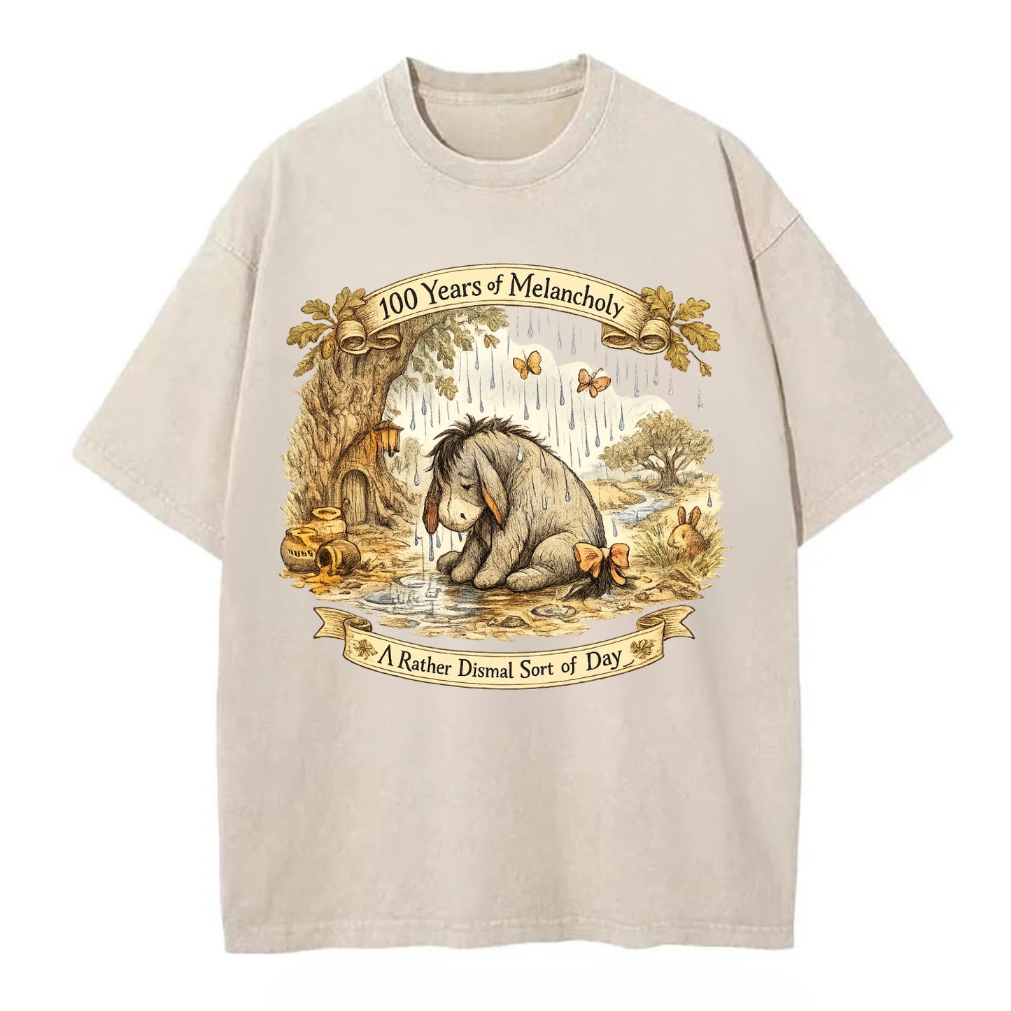 GLOOMY GLEN | Droopy figure in rain | Tattered tail bow | Pessimistic poetry | - Vintage T-shirt - Off White