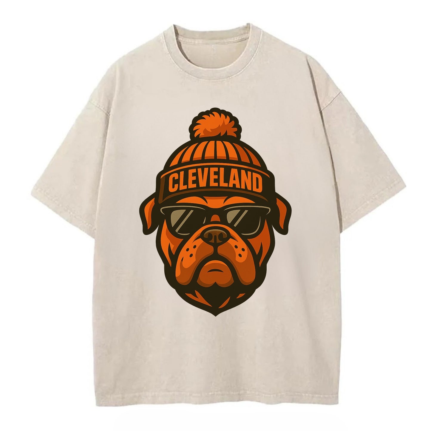 Cleveland Bulldog wearing Browns orange and brown beanie with pom pom and - Vintage T-shirt - Off White