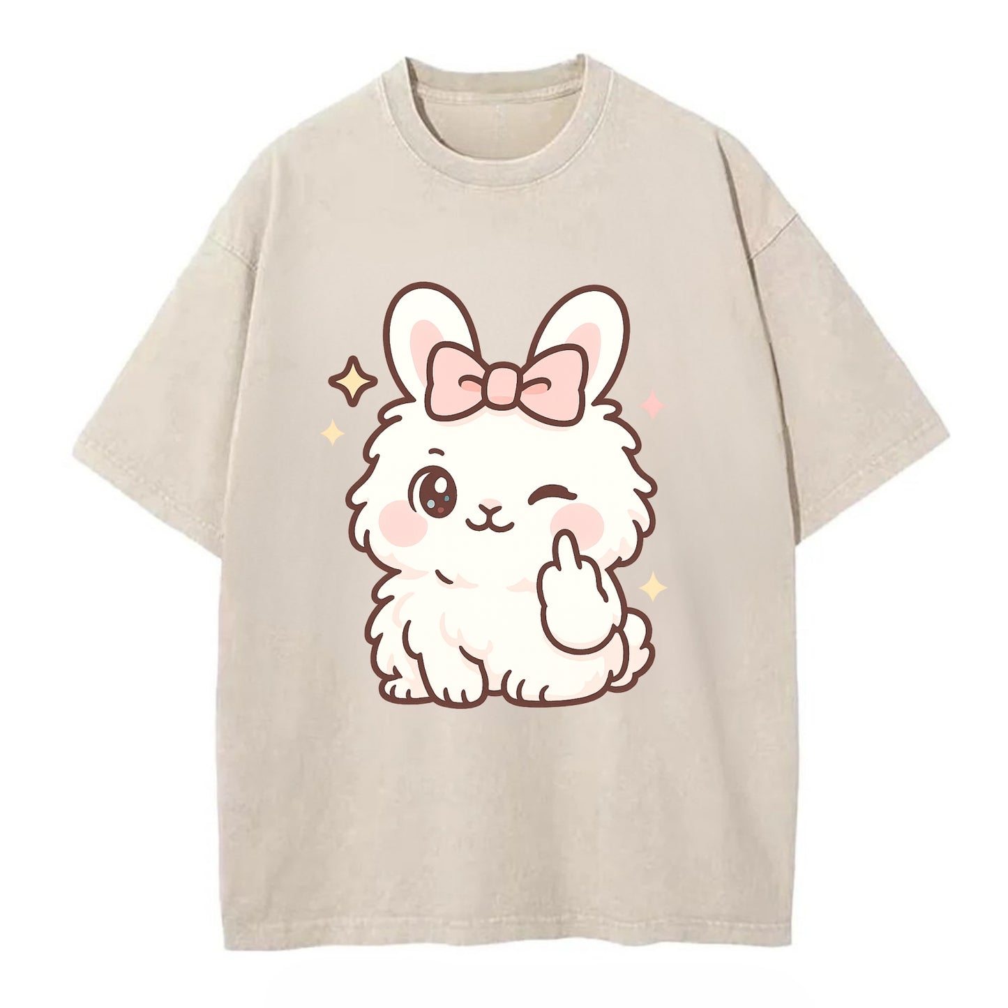fluffy white angora rabbit with pink bow, one paw delicately flipping off - Vintage T-shirt - Off White