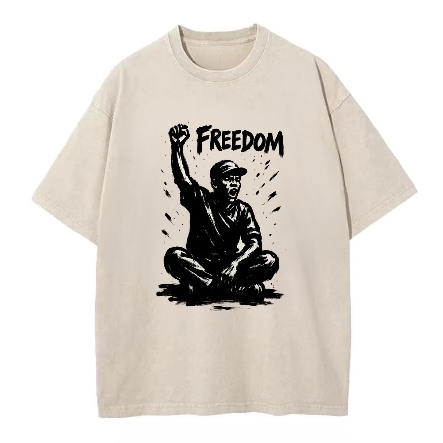 Sit-in protest figure - civil disobedience ink art - Vintage T-shirt - Off White