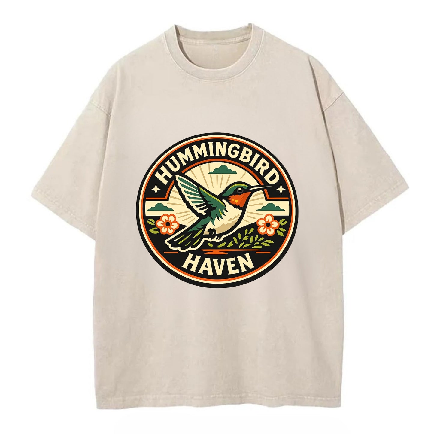Hummingbird Sanctuary Emblem - Vintage T-shirt - Off White