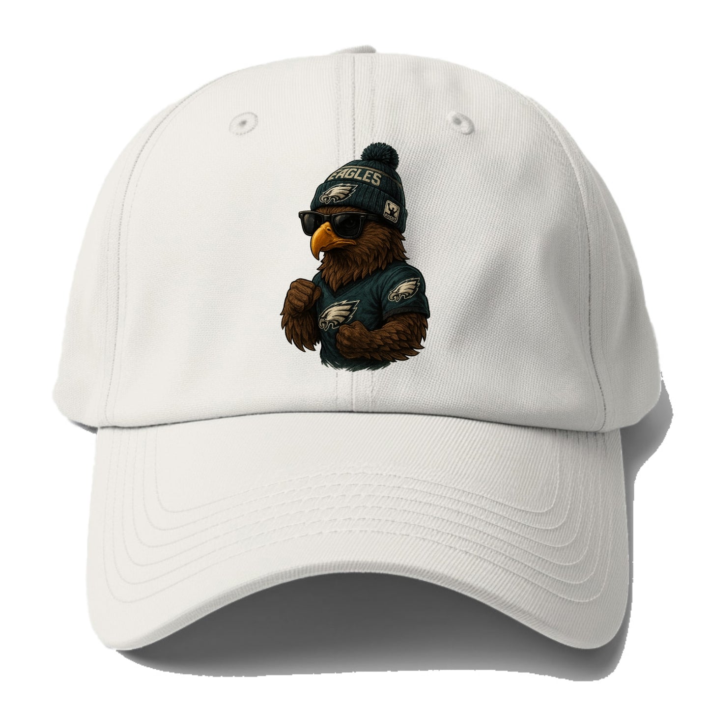 Philly Hawk wearing Eagles beanie with Rocky patch and wayfarer - Baseball Cap For Big Heads - Off White