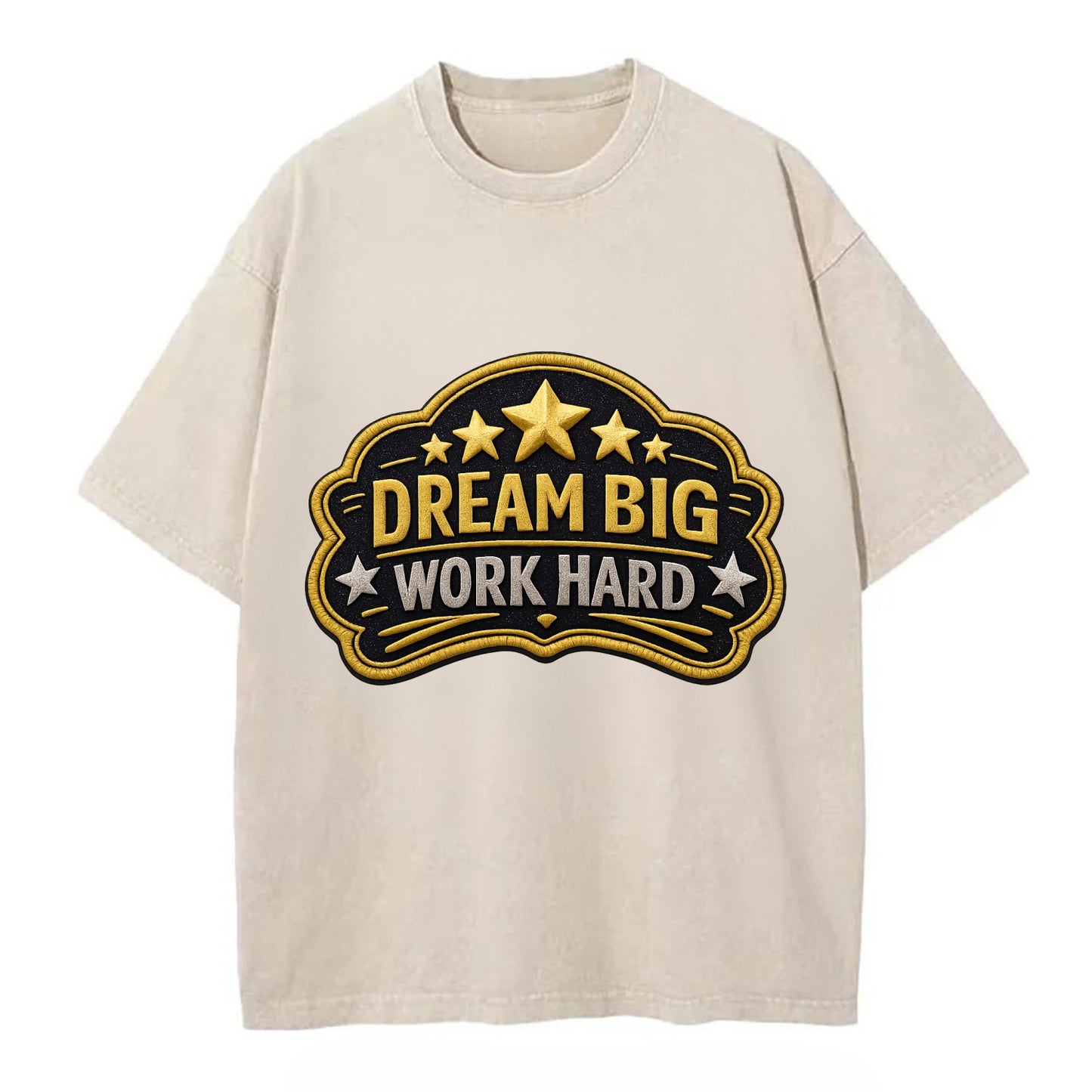 DREAM BIG WORK HARD - stars with text in gold , aspiration - Vintage T-shirt - Off White