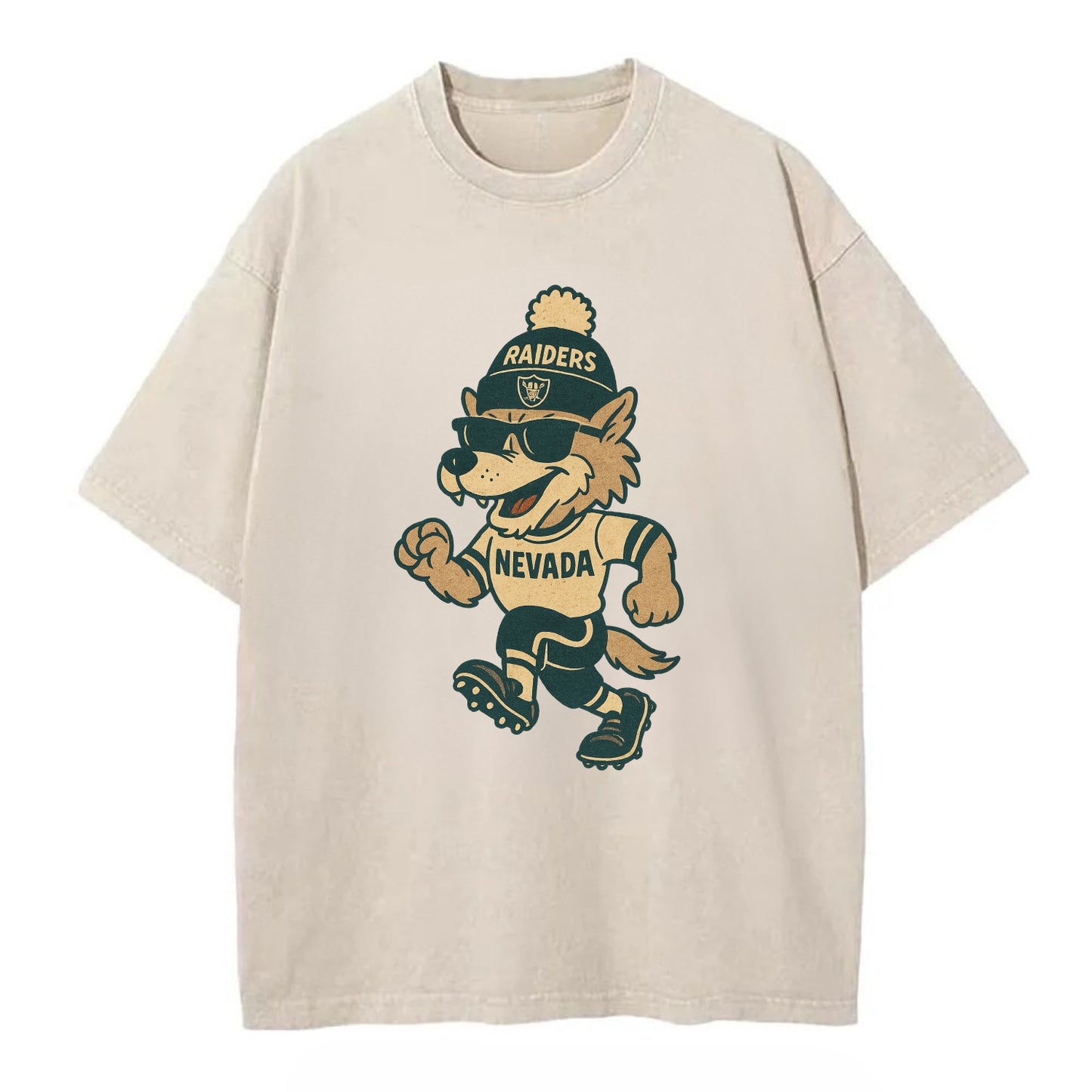 Nevada Wolf wearing Raiders beanie with outlaw patch and wayfarer sunglasses - Vintage T-shirt - Off White