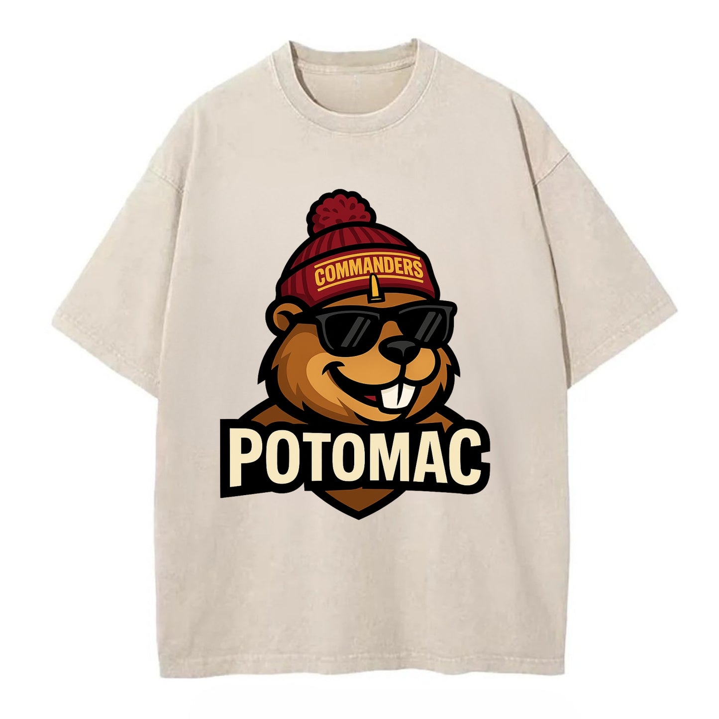 Potomac Beaver wearing Commanders beanie with monument patch and wayfarer - Vintage T-shirt - Off White
