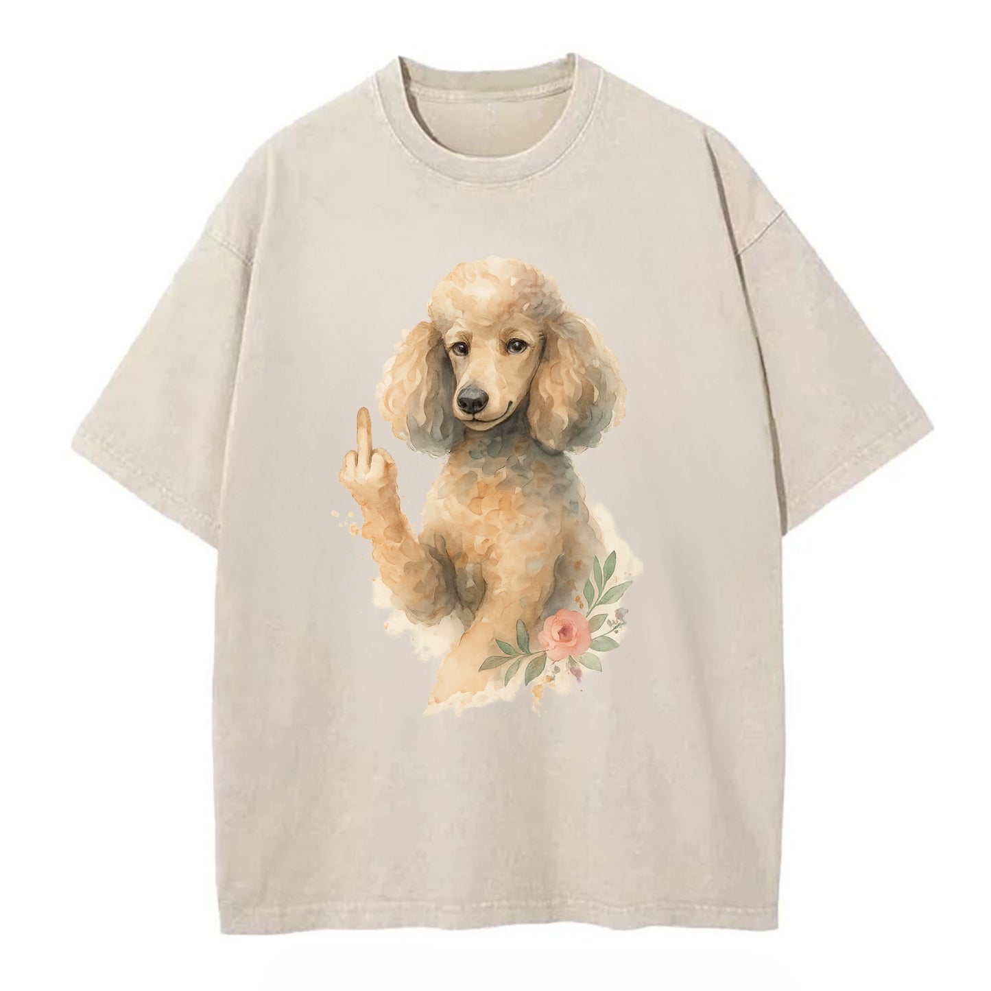 Standard Poodle with curly styled coat, intelligent face, fancy paw giving finger - Vintage T-shirt - Off White