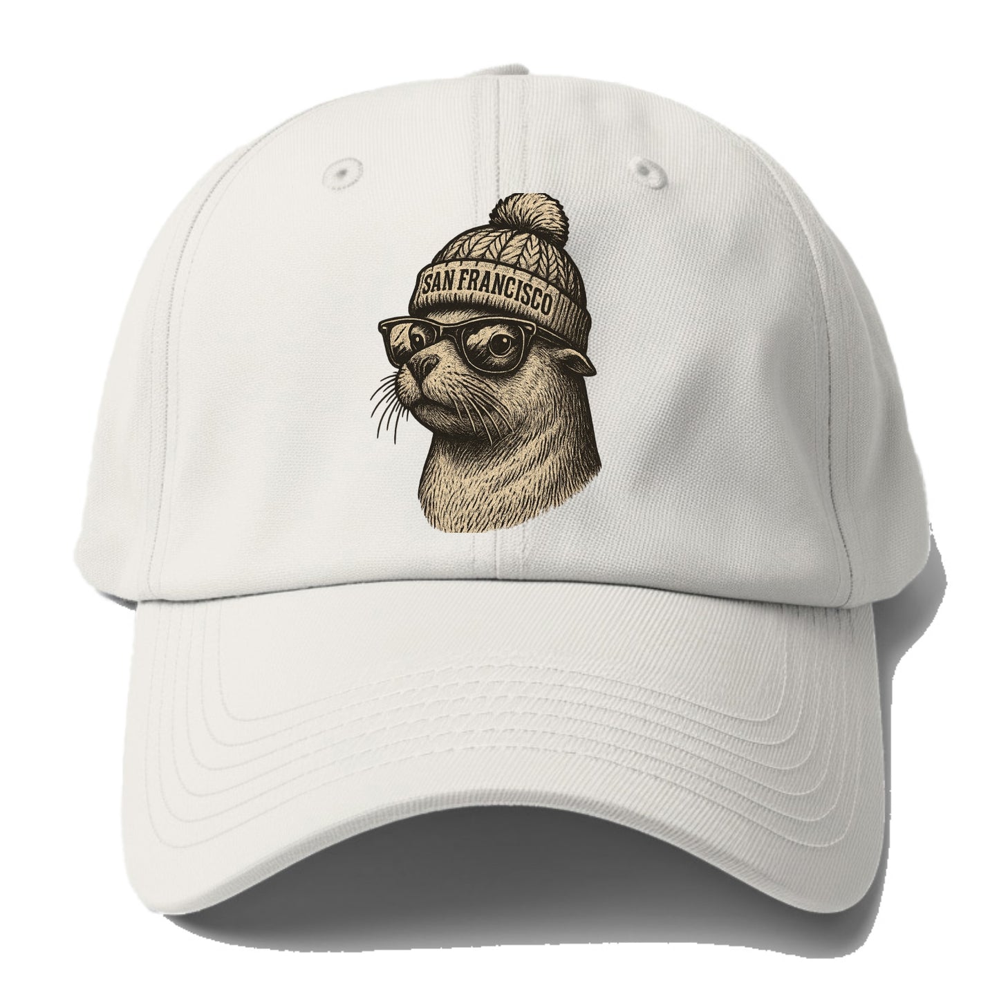 San Francisco Sea Lion wearing San Francisco beanie with pom pom and wayfarer - Baseball Cap - Off White