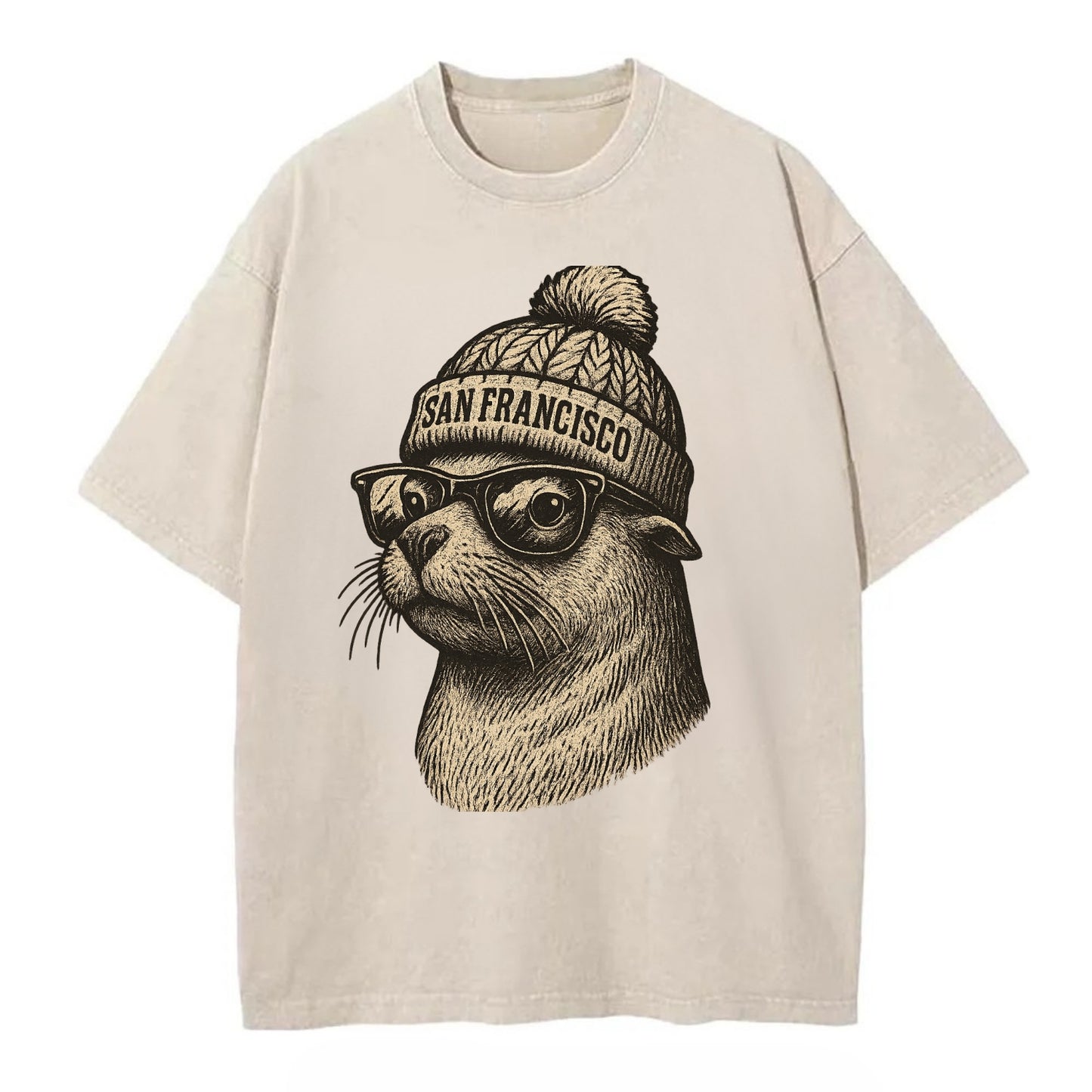 San Francisco Sea Lion wearing San Francisco beanie with pom pom and wayfarer - Vintage T-shirt - Off White