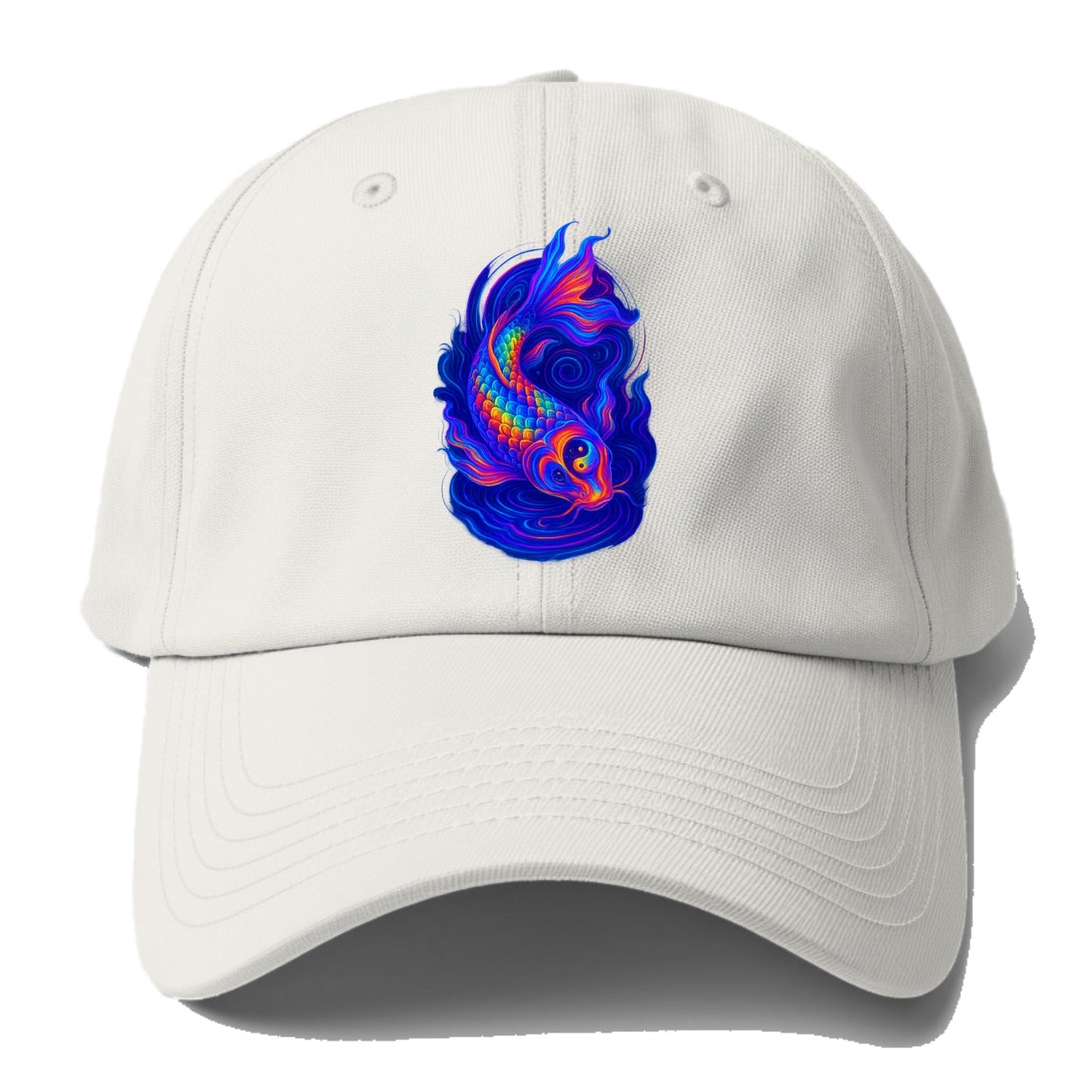 Sacred koi with scales reflecting rainbow prisms, yin-yang patterns in - Baseball Cap For Big Heads - Off White