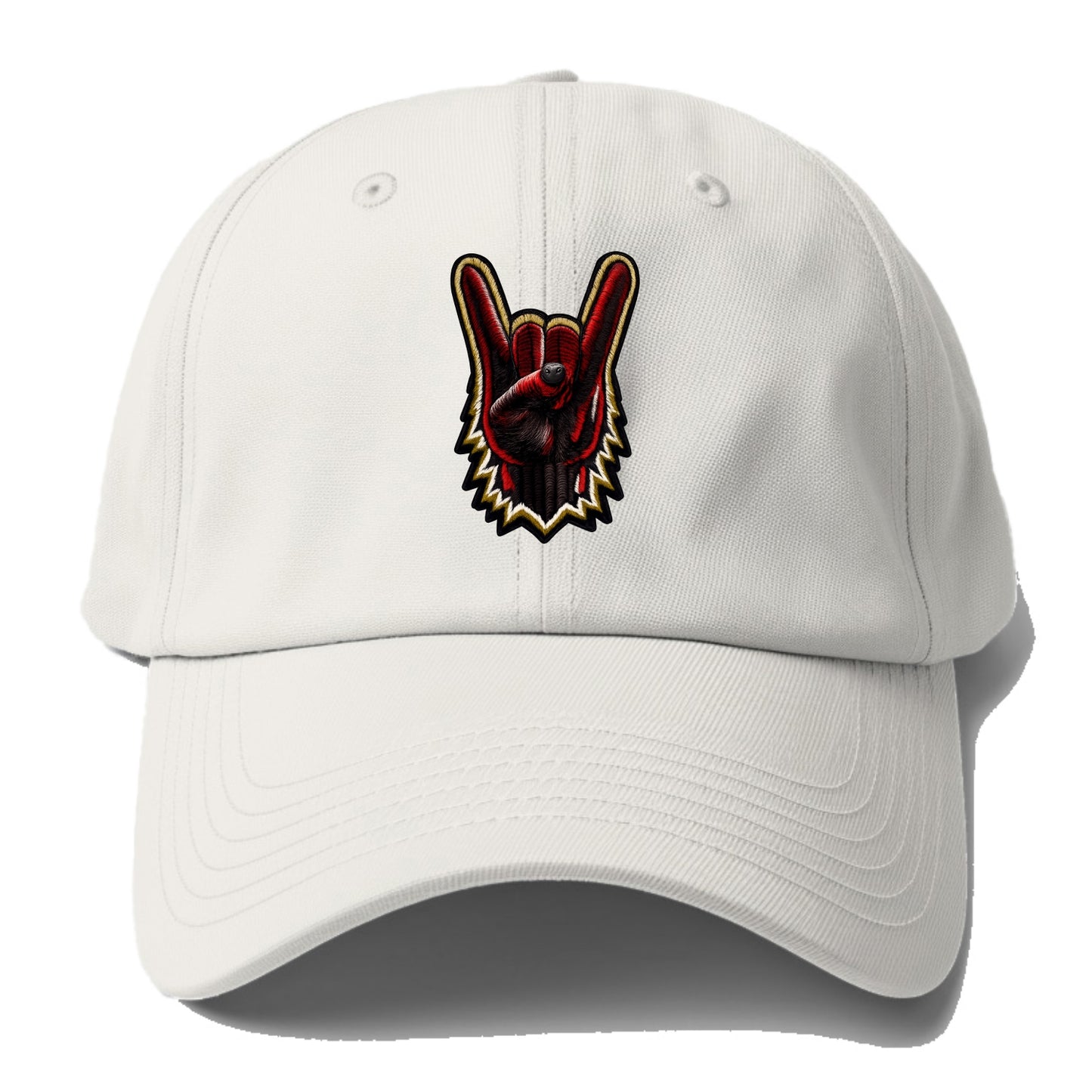 ROCK HAND HORNS - devil horns hand gesture in black and red , metal - Baseball Cap For Big Heads - Off White