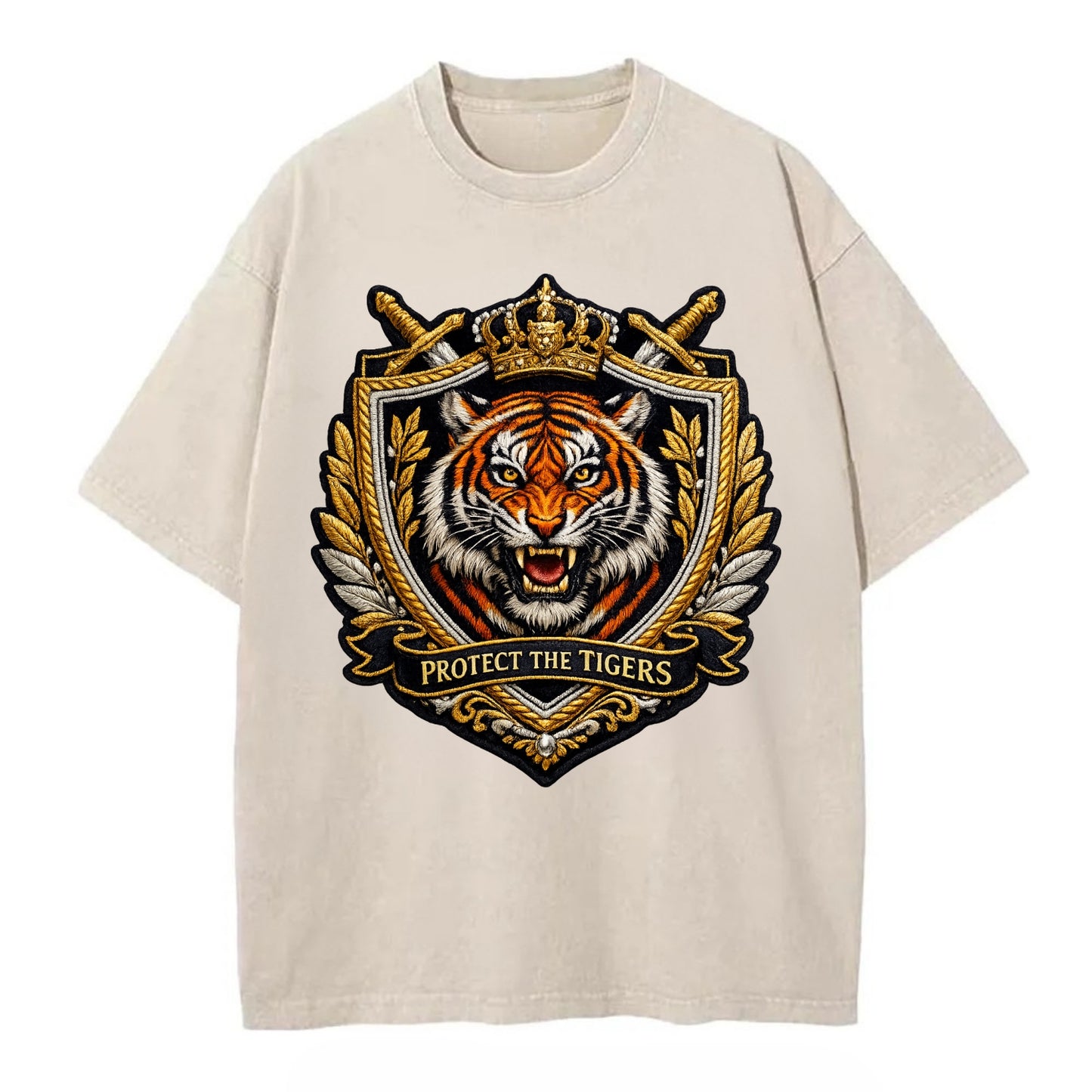 PROTECT THE TIGERS - tiger with shield in orange , big cat conservation - Vintage T-shirt - Off White