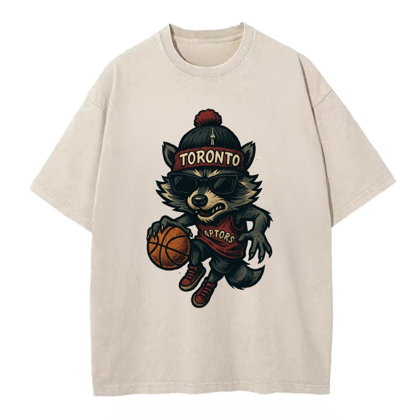 Toronto Raccoon wearing Raptors beanie with CN Tower patch and wayfarer sunglasses - Vintage T-shirt - Off White