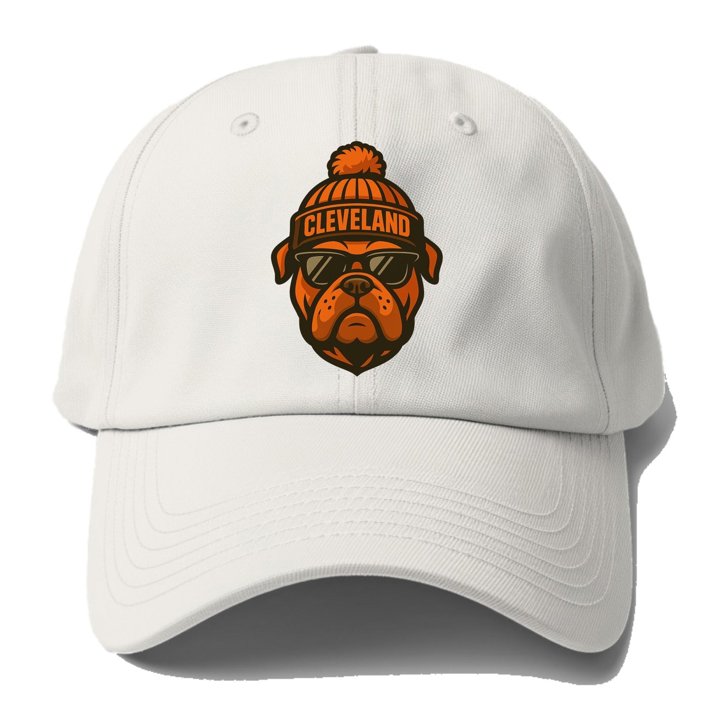 Cleveland Bulldog wearing Browns orange and brown beanie with pom pom - Baseball Cap For Big Heads - Off White