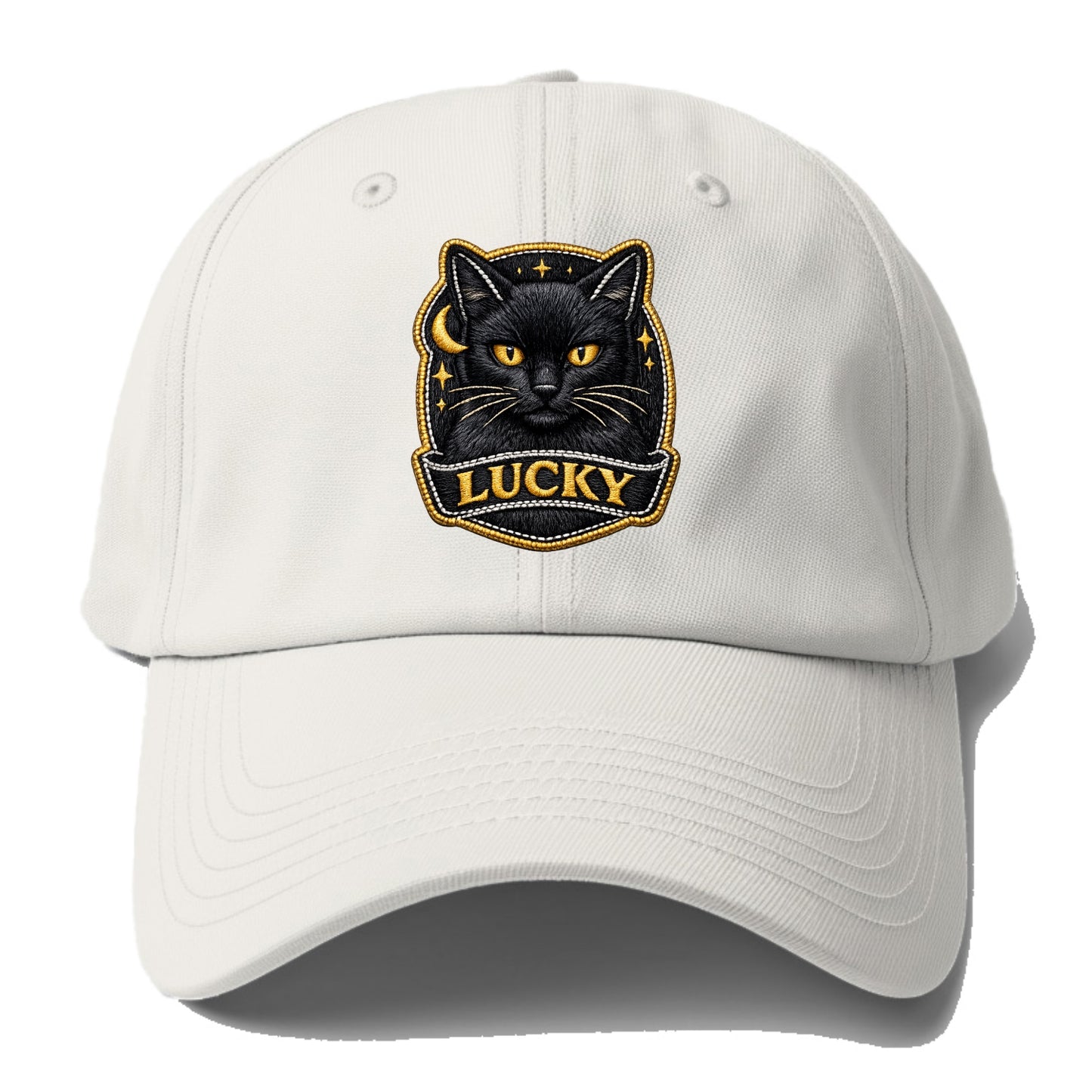 BLACK CAT LUCKY - sleek black cat with gold eyes in black , mysterious - Baseball Cap For Big Heads - Off White