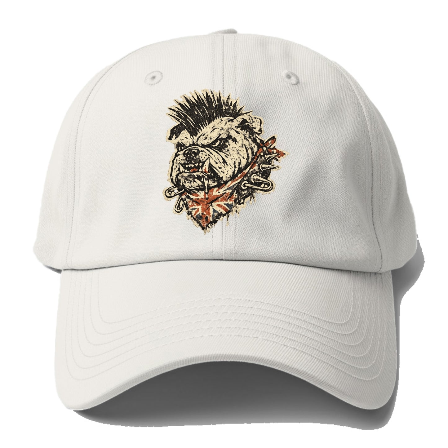 PUNK BULLDOG | British bulldog with mohawk | Safety pins through collar | Union Jack - Baseball Cap - Off White
