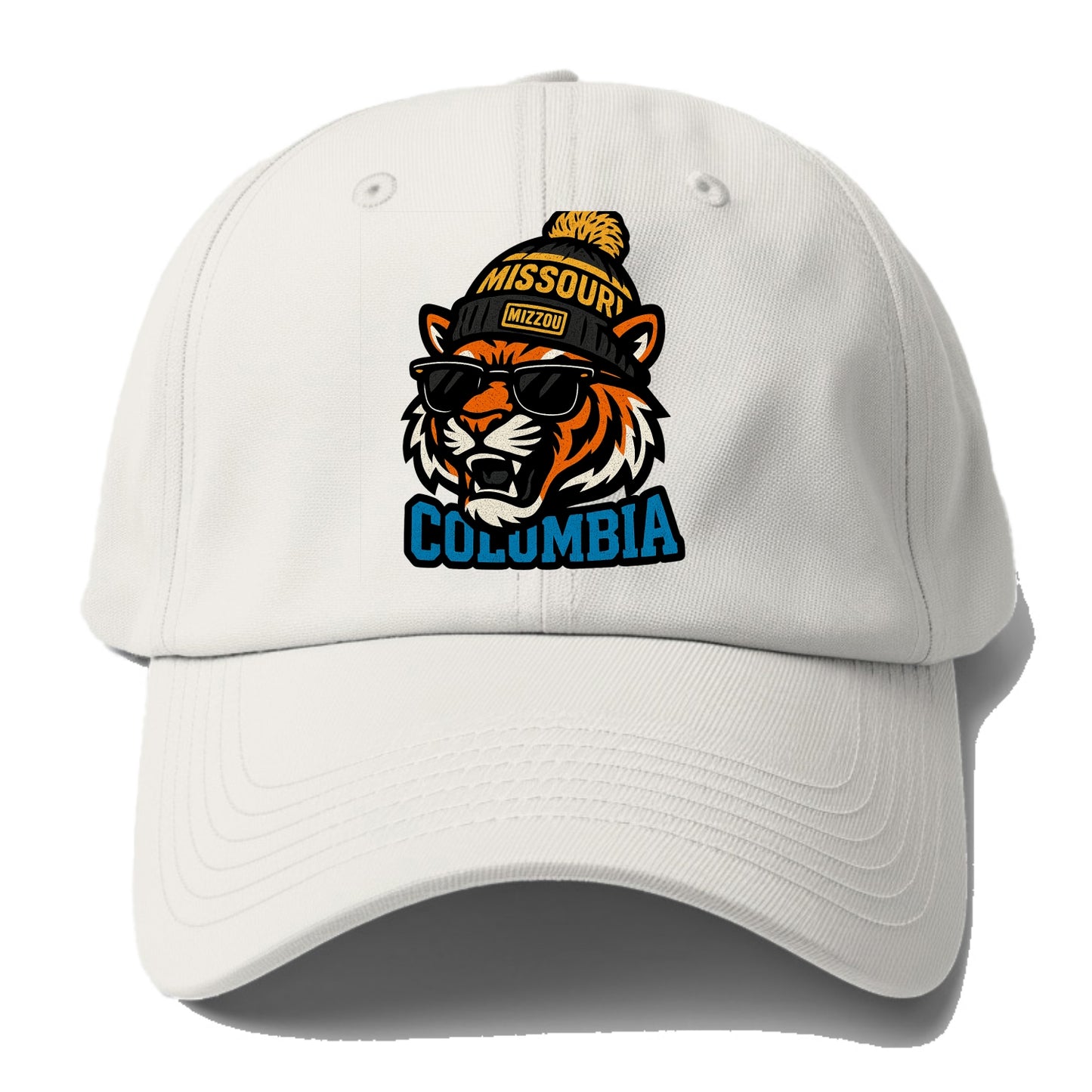 Columbia Tiger wearing Missouri beanie with Mizzou patch - Baseball Cap For Big Heads - Off White