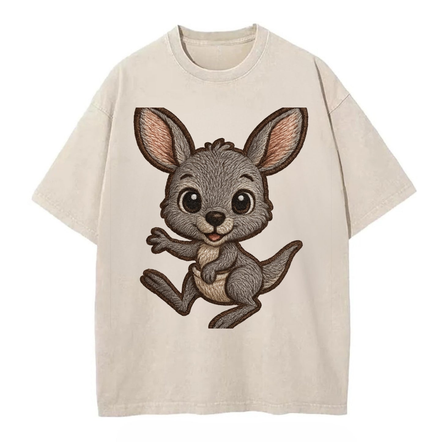 Baby Kangaroo Joey - gray fur, large ears, in pouch peek, bright eyes, - Vintage T-shirt - Off White
