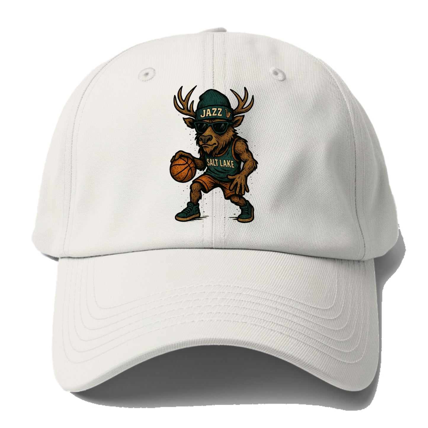 Salt Lake Elk wearing Jazz beanie with saxophone patch and wayfarer sunglasses - Baseball Cap - Off White