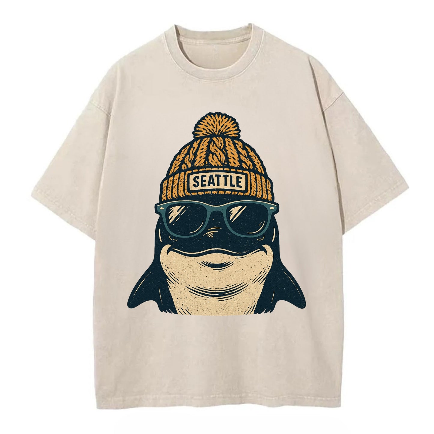 Seattle Orca wearing Seattle beanie with pom pom and wayfarer sunglasses - Vintage T-shirt - Off White