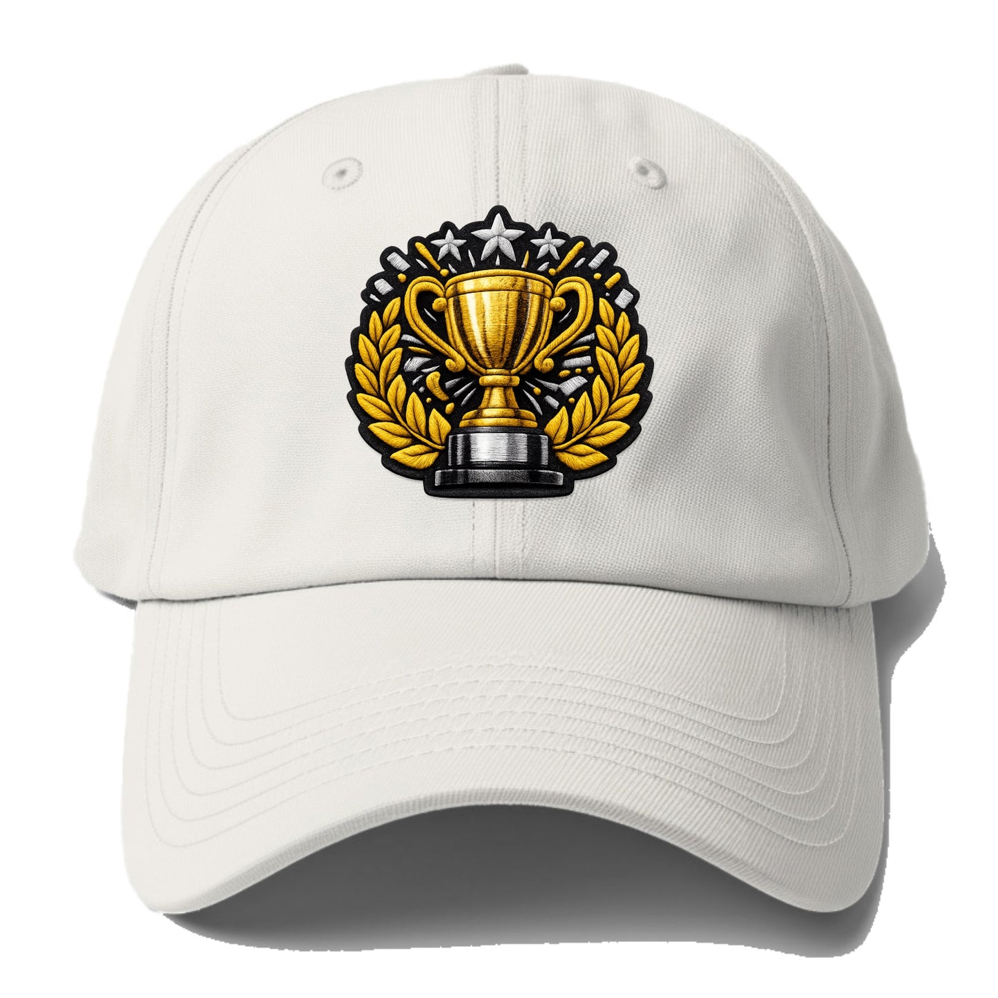 Embroidered patch design - CHAMPIONSHIP TROPHY - golden trophy cup with laurels in - Baseball Cap - Off White