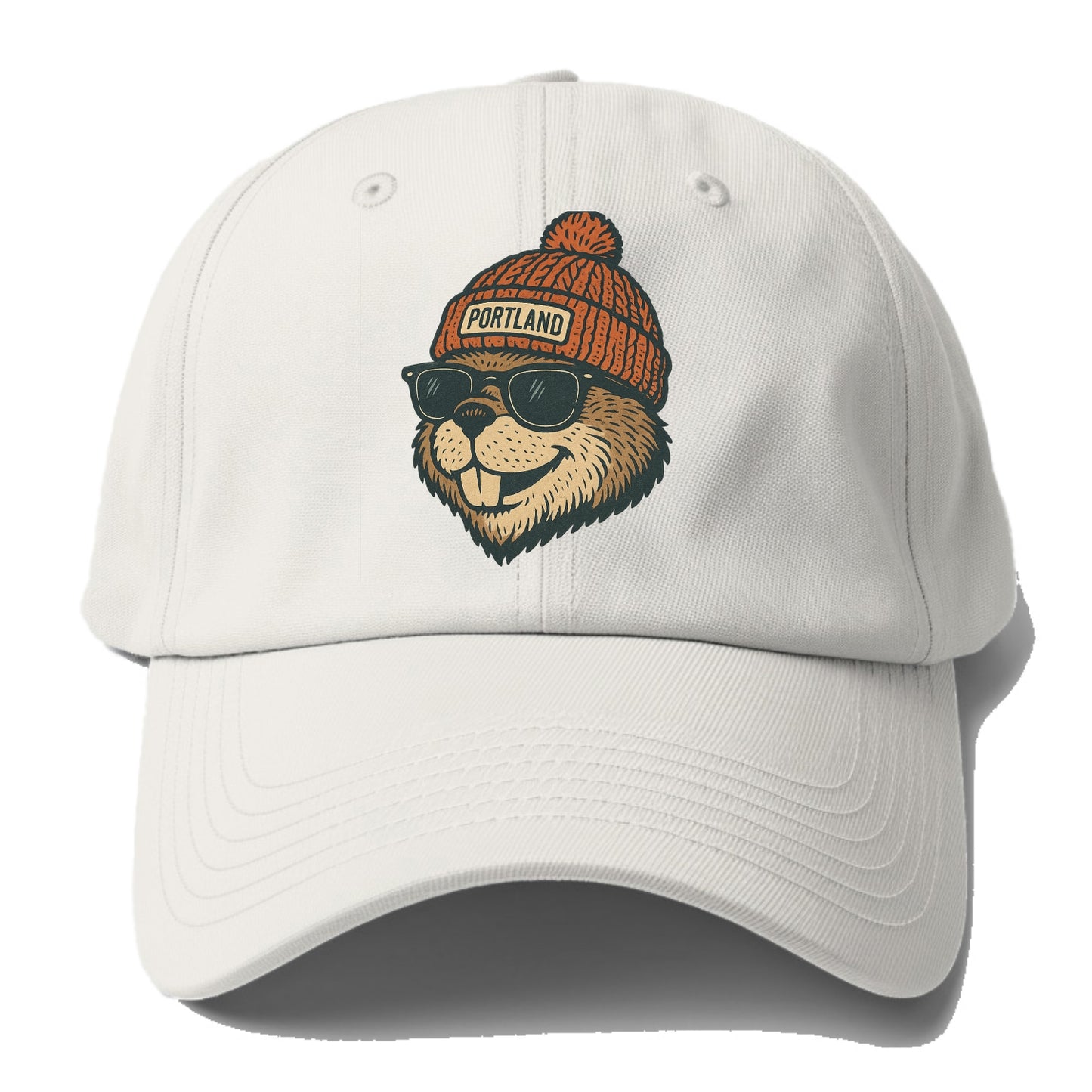 Oregon Beaver wearing Portland beanie with pom pom and wayfarer - Baseball Cap For Big Heads - Off White