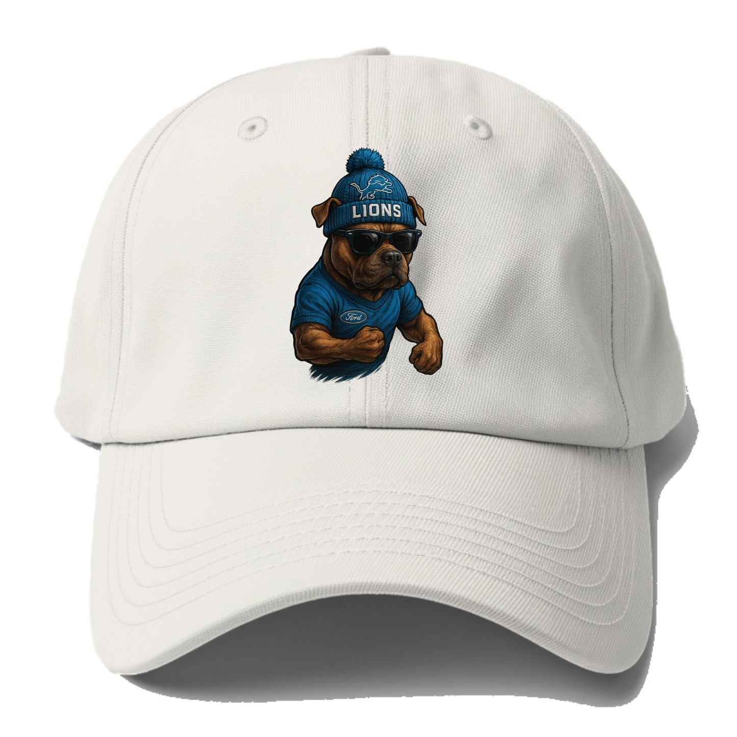 Detroit Pitbull wearing Lions beanie with auto patch and wayfarer - Baseball Cap For Big Heads - Off White