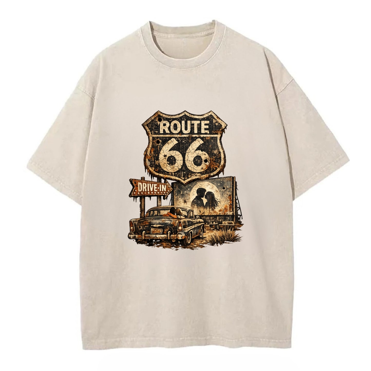 DRIVE-IN | Classic car at drive-in theater | Movie night romance | Americana - Vintage T-shirt - Off White