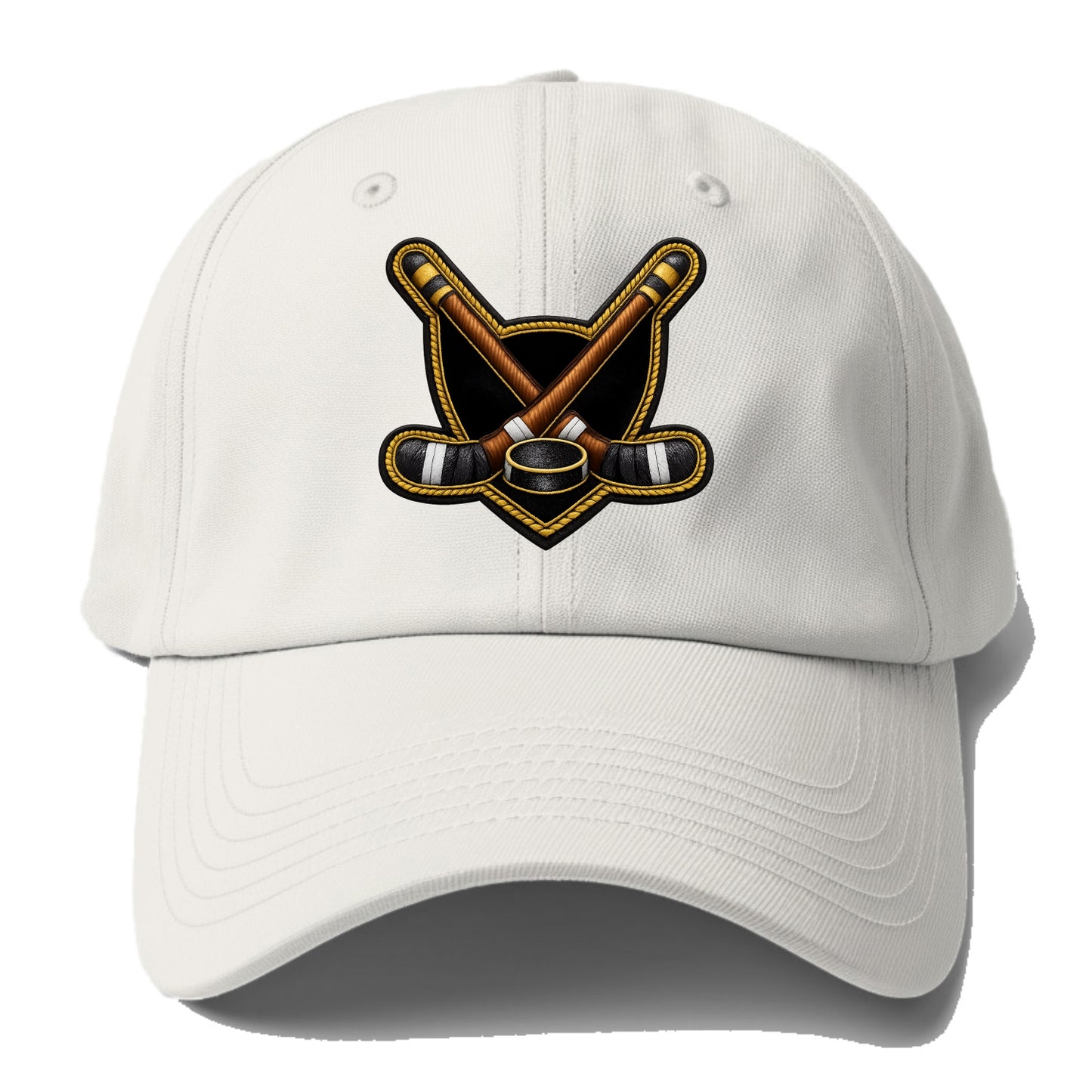 Embroidered patch design - HOCKEY CROSSED STICKS - ice hockey sticks with puck in - Baseball Cap - Off White