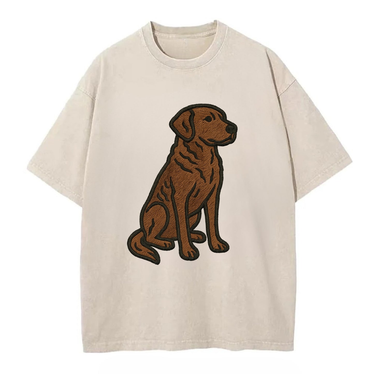 Chesapeake Bay Retriever - Brown wavy coat embroidered sitting pose - Vintage T-shirt - Off White