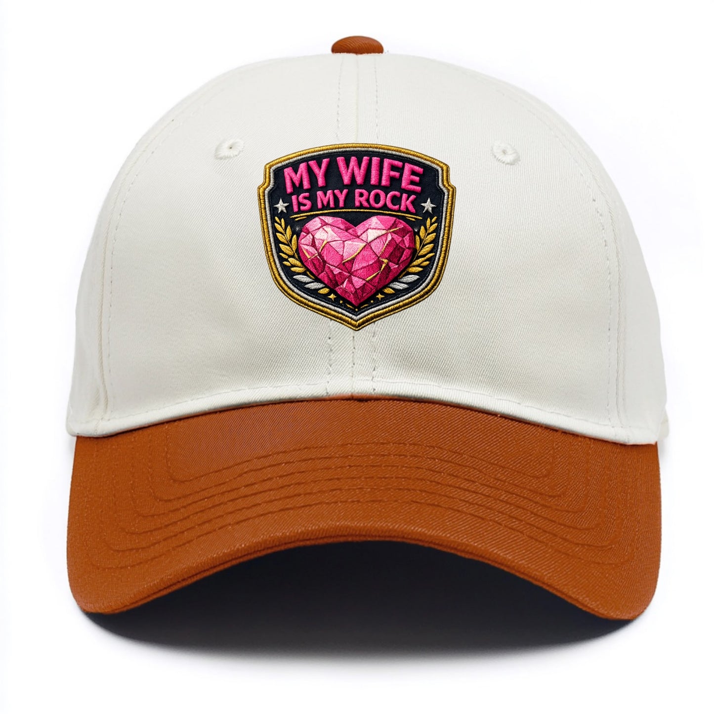 MY WIFE IS MY ROCK - pink rock heart - pink - solid wife - Two Tone Cap - Orange