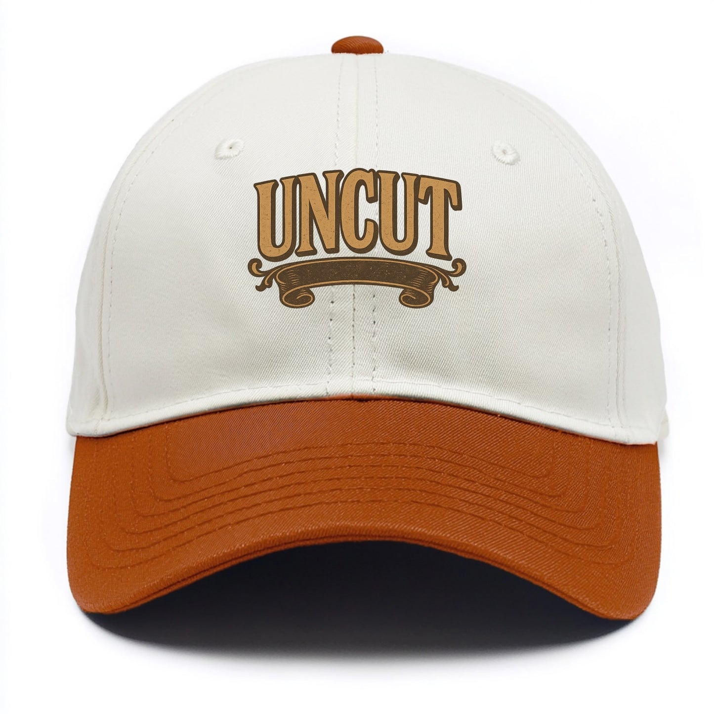 Bold typography design - "UNCUT" - pure, undiluted, authentic - Two Tone Cap - Orange