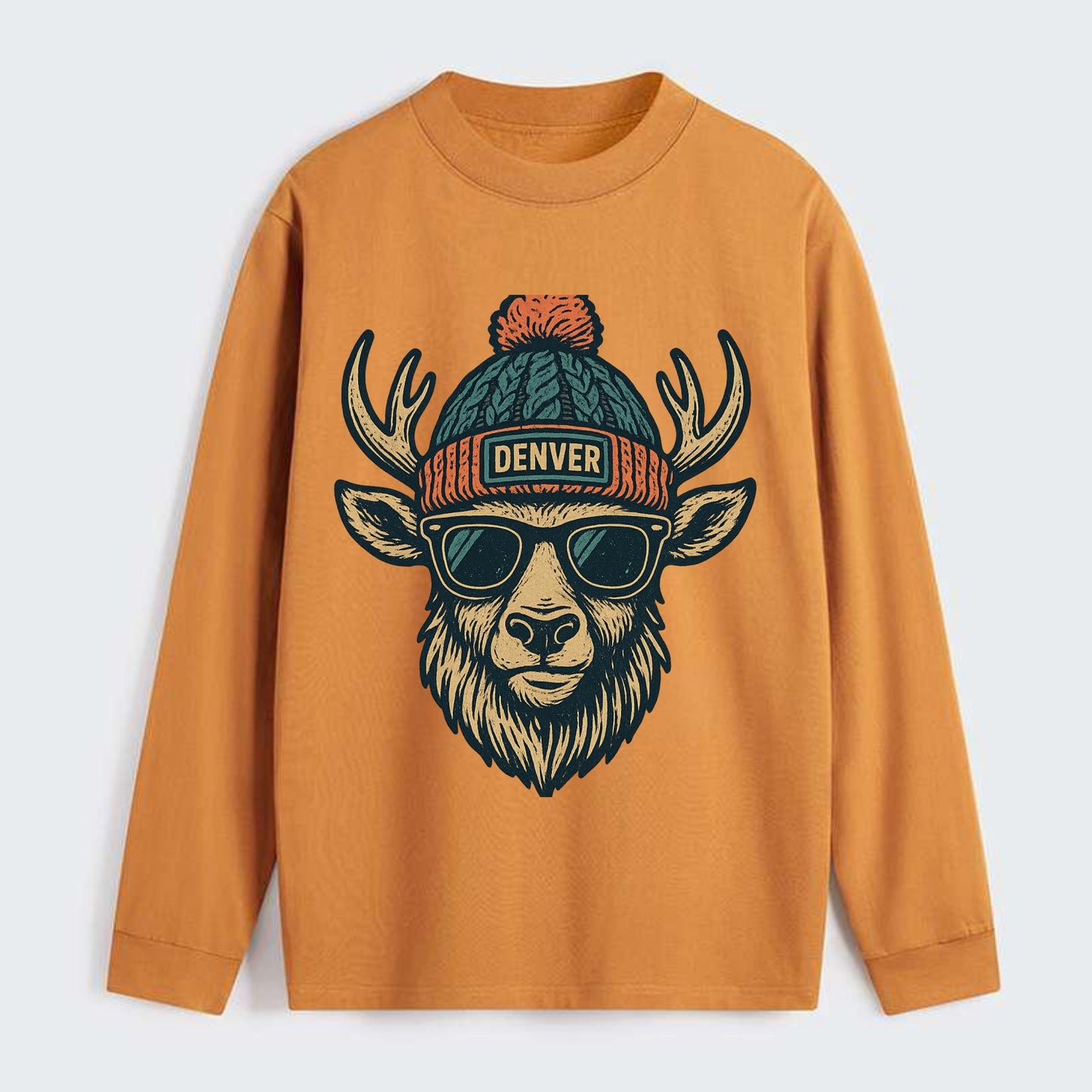 Denver Elk wearing Denver beanie with pom pom and wayfarer sunglasses - Classic Long Sleeve Shirt - Orange