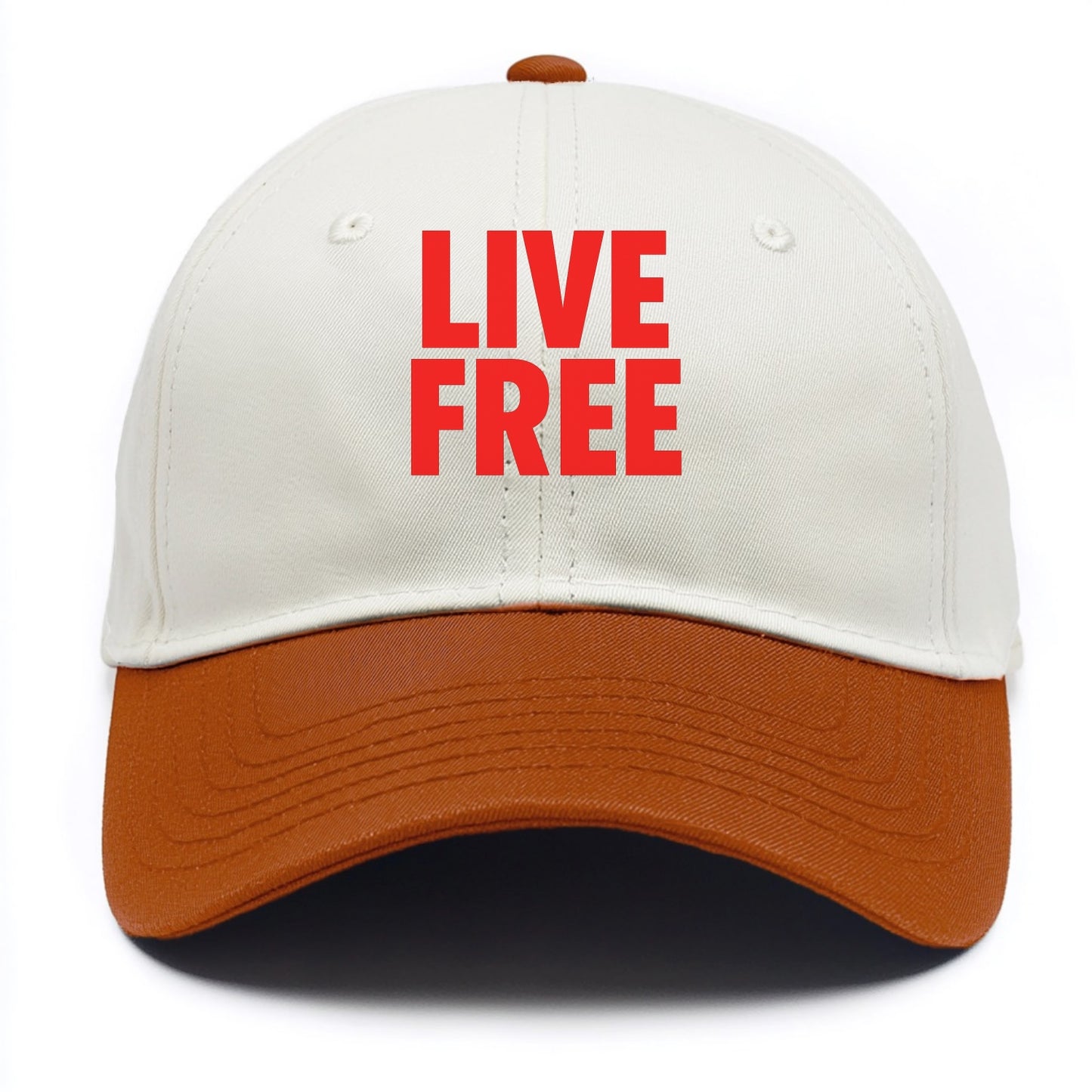 Bold typography design - "LIVE FREE" - unrestricted living - Two Tone Cap - Orange