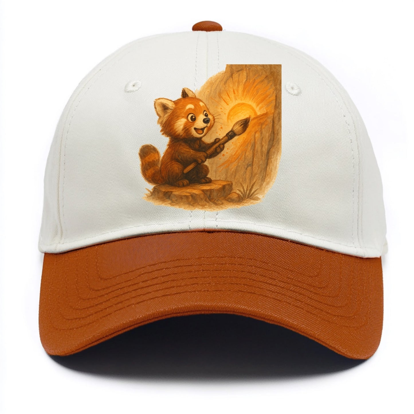 Red panda painting a sunrise mural with an oversized calligraphy brush on a cliff - Two Tone Cap - Orange